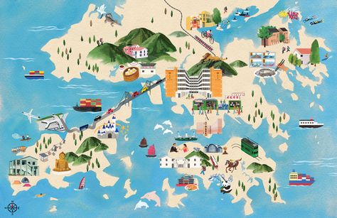 Hong Kong Tourist Map - 麥東記 DONMAK & CO. Hong Kong Map, Tourism Design, Place Branding, Illustrated Maps, Lobby Wall, Farewell Cards, Youth Hostel, Tourist Map, Island Map