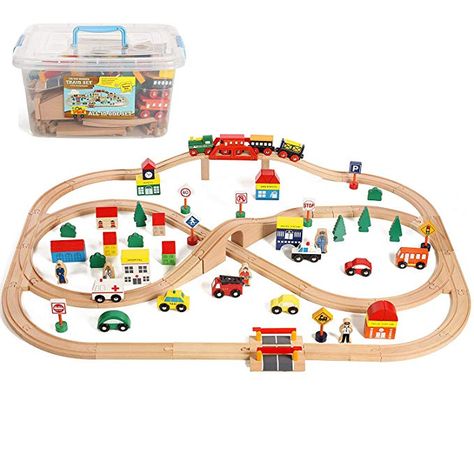 100 Piece All In One Wooden Train Set With Accessories, Comes In A Clear Container, Compatible With All Major Brands Wooden Train Track, Toy Trains Set, Popular Hobbies, Wooden Train Set, Clear Plastic Containers, Clear Container, Home Workout Equipment, Train Sets, Wooden Train