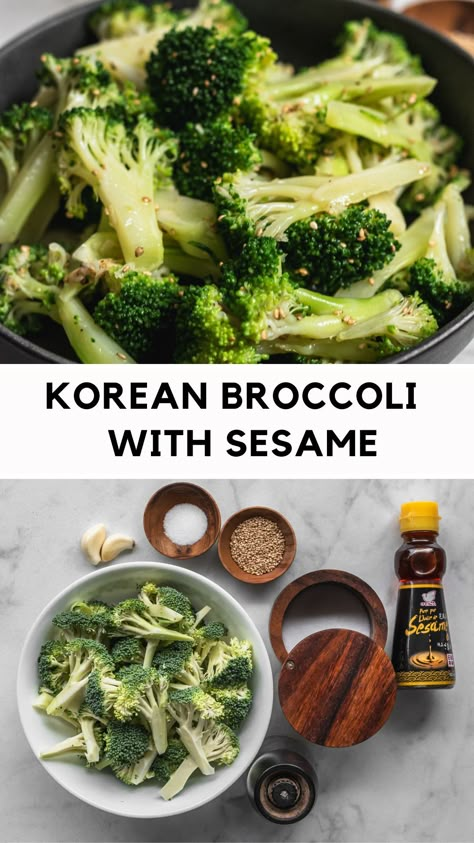 An easy and delicious way to eat your vegetables: Korean Broccoli Side Dish. Steamed broccoli is simply dressed with a sesame garlic dressing. A light side dish that tastes good with everything! Sesame Garlic Dressing, Korean Broccoli, Soy Free Meals, Korean Sides, Asian Pickles, Asian Broccoli, Korean Food Side Dishes, Broccoli Health Benefits, Korean Vegetables