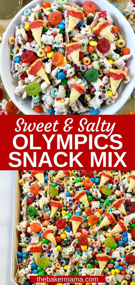 This sweet and salty Olympics Snack is th eperfect snack mix to get you through those tense Olympic moments! It’s a sure winner! Olympic Desserts, Olympic Party Food, Olympic Snacks, Olympic Food, Party Mix Snacks, Homemade Candy Bars, Chocolate Dipped Fruit, Olympic Theme, Olympic Party