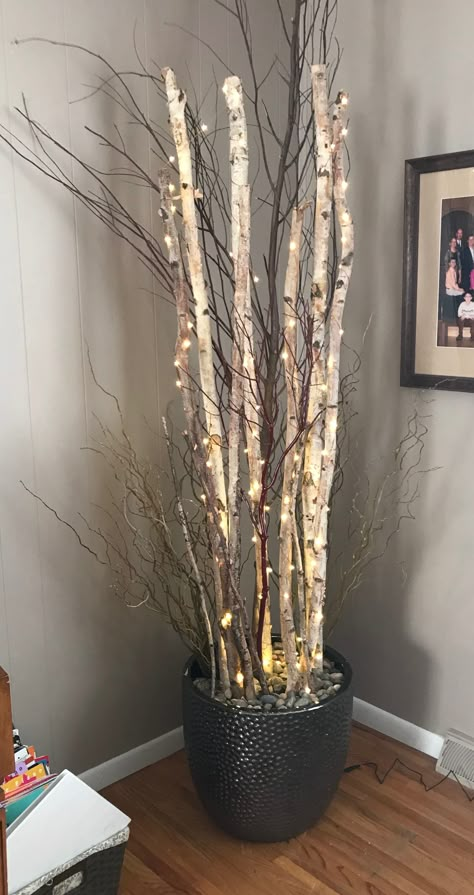 Potted Birch Tree, Birch Tree Light Decor, Birch Pole Decor, Birch Tree Ideas Home Decor, Decor With Birch Branches, Birch Branches Decor, White Birch Branches Decorating Ideas, Birch Sticks Decor, White Birch Trees Decor