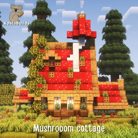 Tap to watch relaxing tutorial of this house! Mushroom Cottage Minecraft, Minecraft Mushroom, Minecraft Building Designs, Description Ideas, Cottage Minecraft, Minecraft Starter House, Aesthetic Mushroom, Minecraft Decoration, Minecraft Aesthetic