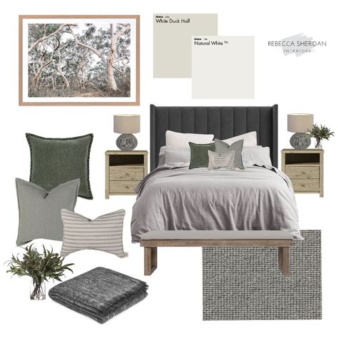 Guest Bedroom Dark Grey Headboard, Bedroom Mood Board Gray Bed, Australian Bedroom Decor, Charcoal Bed Bedroom Ideas, Bedroom Dark Gray Headboard, Guest Bedroom Grey Bed, Grey Headboard Bedroom Modern, Grey Fabric Bed Bedroom, How To Style A Grey Bed Frame