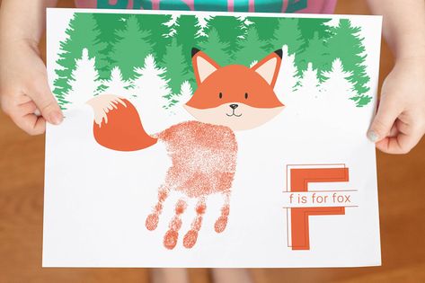 F Is For Fox Craft, Fox Handprint Craft, Cute Handprint Art, Alphabet Handprint Art, Handprint Alphabet, Woodland Animal Art, Journaling Pages, Fox Crafts, Salamanders