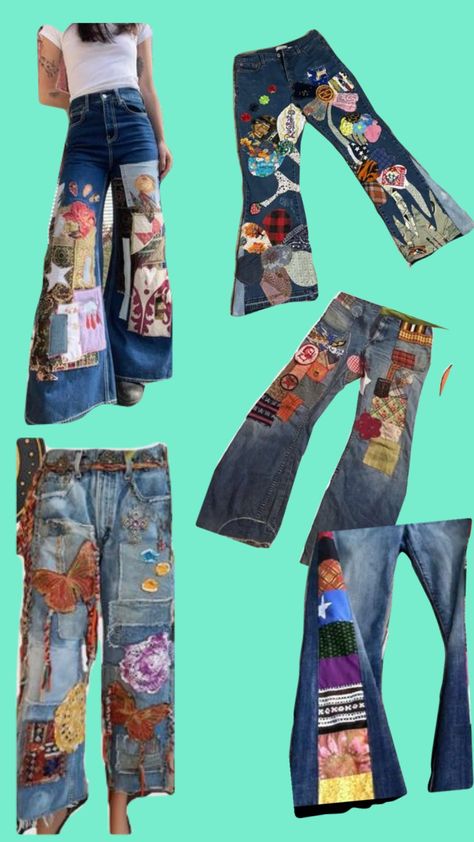 #patchwork #jeans #hippievibes Fairy Jeans, Patchwork Jeans Diy, Diy Patchwork Jeans, Diy Denim Skirt, Denim Patchwork Jeans, Upcycled Jackets, Diy Denim, Denim Ideas, Embroidered Shoes