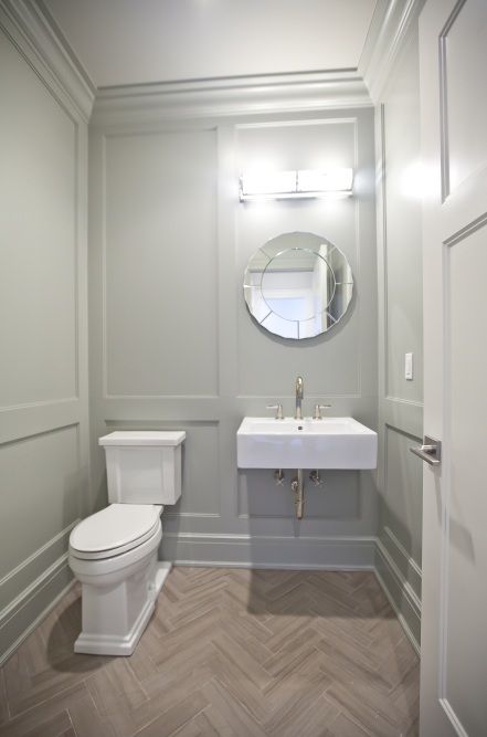 bathrooms - powder room, powder room ideas, powder room sinks, powder room washstands, wall mounted sink, floatin... Trimmed Walls, Half Bathroom Decor Ideas, Herringbone Floors, Ceiling Color, Half Bathroom Decor, Powder Room Sink, Floating Sink, Wall Mounted Sink, Powder Room Design