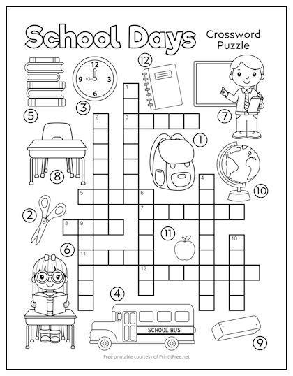 Cross Words Puzzle For Kids, Puzzle Words Worksheets, Cryptograms For Kids Free Printable, School Things Worksheet For Kids, Back To School Puzzle, Crosswords For Kids, Crossword Puzzles Printable, Crossword Puzzles For Kids, Kids Crossword Puzzles