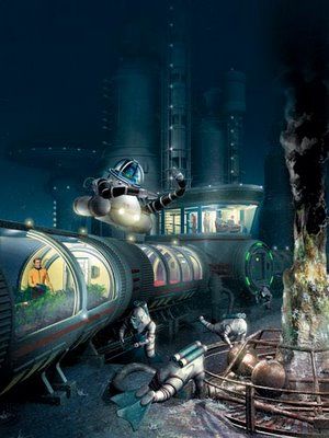 Vision of a future undersea colony... Underwater Civilization, Atmospheric Diving Suit, Deep Sea Diving Suit, Underwater Base, Subnautica Concept Art, Marine Archaeology, Tidal Power, Deep Sea Diving, Underwater City