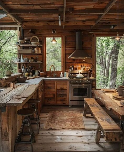 Rustic Cabin Kitchen  Cuisine de cabane rustique Cocina rústica de Cabaña #Cabin #RusticKitchen #WoodenKitchen #InteriorCabin #CabaneRustique Cabin Style Kitchen, Small Cabin Kitchens, Rustic Cabin Kitchen, Log Cabin Kitchens, Log Home Kitchen, Cabin Kitchen Ideas, Log Cabin Kitchen, Small Cabin Interiors, Log Home Kitchens