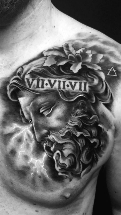 Greek God Chest Tattoo Men, Chest Tattoo Men Ideas Greek Gods, Zues Tattoo Chest, Chest Tattoo Men Ideas One Side, Greek God Chest Tattoo, Zeus Tattoo Chest, Roman Chest Tattoo, Greek Mythology Tattoos Chest, Left Chest Tattoo Men