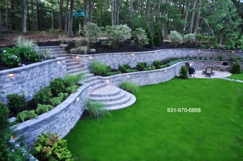 Block Retaining Wall, Contemporary Landscaping, Sloping Garden, Backyard Retaining Walls, Diy Garden Landscaping, Sloped Backyard Landscaping, Landscaping On A Hill, Sloped Yard, Sloped Backyard