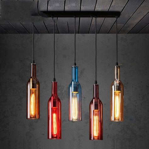 Beer Bottle Lamp, Liquor Bottle Lights, Repurposed Fashion, Bottle Pendant Light, Led Lamp Design, Bottle Chandelier, String Lights In The Bedroom, Creative Lamps, Red Wine Bottle