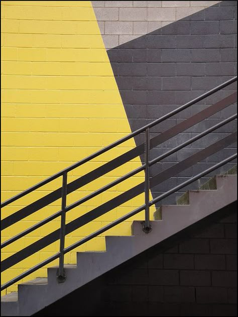 The straight lines and bold, contrasting colours of the wall make these steps a beautiful focal point! BR x Grey Stairs, Staircase Plan, Grey Painted Walls, Gray Stairs, Painted Stairs, Yellow Interior, Yellow Wall, Yellow Grey, Mellow Yellow