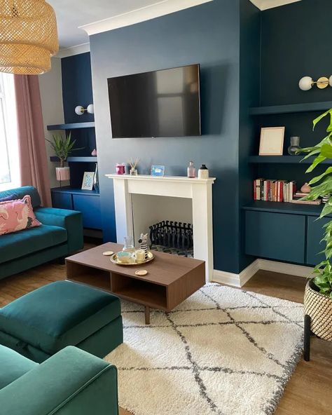 Media Wall Navy Blue, Navy Media Wall Living Room, Navy Snug Room, Blue Alcove Living Room, Navy Blue Alcove Living Room, Tv Alcove, Oak Beam Fireplace, Olsen Family, Beam Fireplace