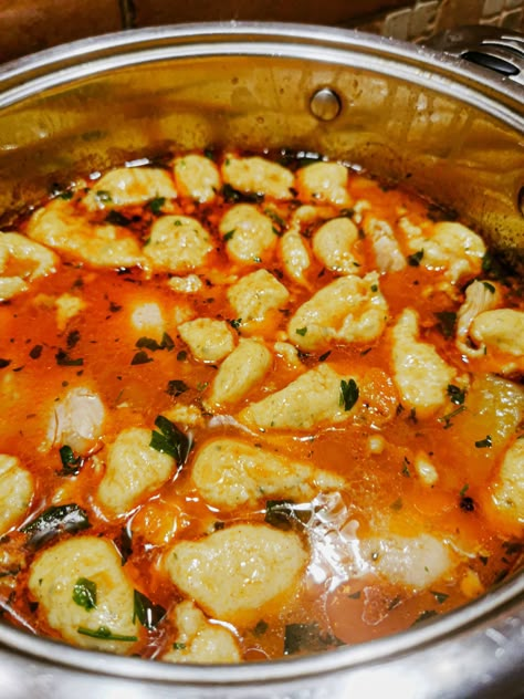 Serbian Paprikash Stew with Chicken Meat and Dumplings Cream Of Wheat Dumplings, Chicken Paprikash With Dumplings, Chicken Paprikash Recipe, Stew With Chicken, Hungarian Chicken, Grandma Recipes, Serbian Food, Croatian Food, Chicken Paprikash