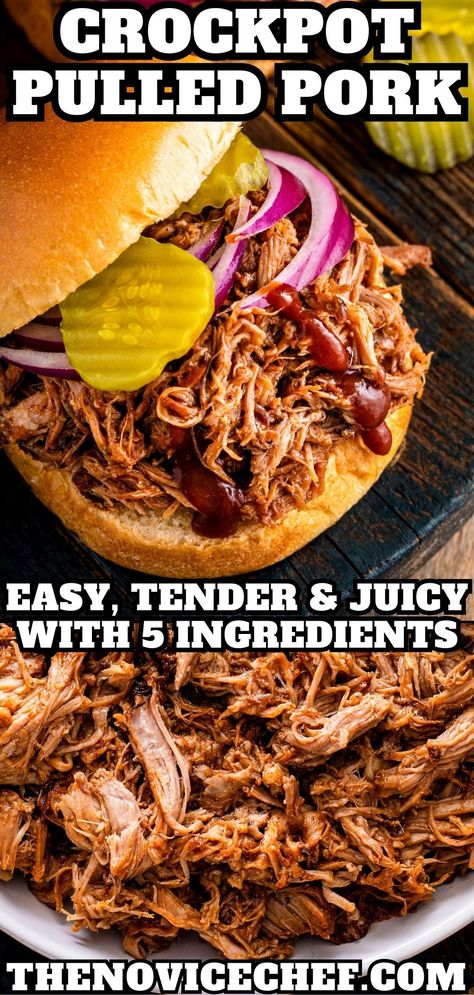 This crockpot pulled pork recipe makes the BEST tender pulled pork that's packed with flavor. This easy recipe uses only 5 simple ingredients and can also be made in the Instant Pot! Easy Crockpot Pulled Pork, Pulled Pork Crock Pot Recipes, Pulled Pork Crock Pot Recipes Easy, Pulled Pork Dip, Pork Dip, Pulled Pork Instant Pot Recipe, Oven Brisket, Pulled Pork Tenderloin, Pulled Pork Crock