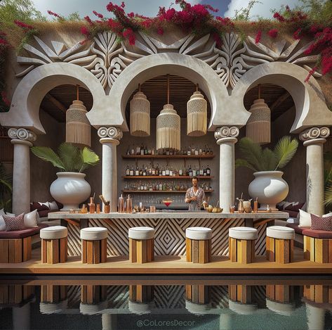 🇲🇽 NEW PROJECT: Would you visit my Boutique Hotel Pool Bar? My @giLherrera twist of Modern Mexican Hacienda Outdoor Pool Bar (digital renderings for a client) with a VERY Tulum VIBE!! DETAILS: I’m enjoying the 100% Mexican Artisan Macramé Tassel Statement Chandeliers, Parota Wood Bar Seating, & NO Pool drink is one without 100% Mexican Artisan Hand Hammered Copper Barware 😉♥️🇲🇽‼️: what do you think? At CoLores Decor Our team is constantly experimenting with textures & “WOW” styles for a ... Hotel Pool Bar Design, Hotel Pool Bar, Modern Mexican Hacienda, Outdoor Pool Bar, Pool Bar Design, Modern Mexican Decor, Mexican Hacienda, Artisan Decor, Bar Interior Design