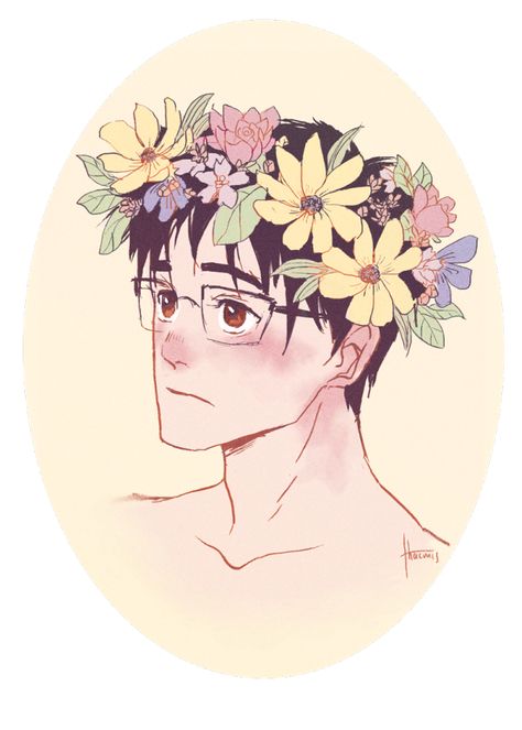 Flower Crown Anime, Flower Crown Drawing, Tumblr Flower, Iida Tenya, Yuri On Ice Comic, Katsuki Yuri, Tenya Iida, Crown Drawing, Yuri Katsuki