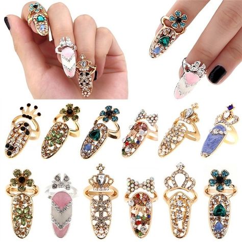 Nail Ring Jewelry, Nail Rings, Finger Nail Art, Crown Flower, Art Ring, Flower Crystal, Nail Ring, Diamond Nails, Ring Fashion