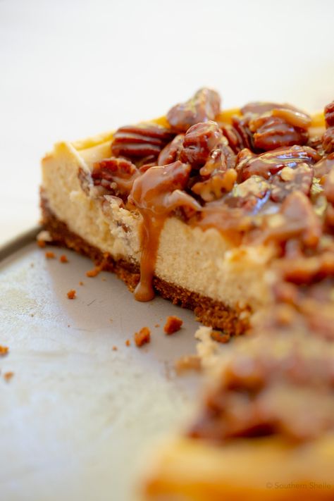 Caramel Pecan Cheesecake Recipes, Recipe For Cheesecake, Pecan Cheesecake Recipes, Pecan Pie Cheesecake Recipe, Cheesecake Caramel, Caramel Pecan Cheesecake, Pecan Topping, Pecan Pie Cheesecake, Pecan Cheesecake