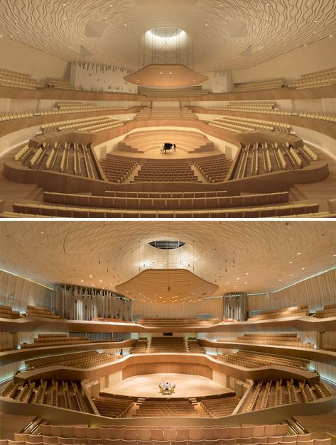 Render vs Reality! Check the before and after 2000-seat Concert Hall of the National Kaohsiung Centre for the Arts.  Photo by Iwan Baan. Concert Hall Design, Iwan Baan, Theatre Seating, Concert Hall Architecture, معرض فني, Urban Living Room, Auditorium Design, New Palace, Timber Roof