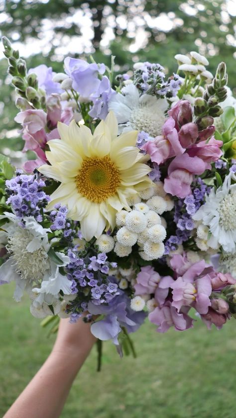 Jenna Meadows | Meadows Flower Farm | There is something about soft blues/lilacs with light yellow. ☺️✨ Garden grown ingredients: Sunflower “White Lite” Snapdragons “Potomac… | Instagram Purple Yellow White Wedding Flowers, Flowers Wild Wildflowers, Wedding Flowers Snapdragons, Blue Purple Yellow Wedding, Lilac And Light Blue Wedding, Purple And Yellow Wedding Theme, Lilac Flower Arrangements, Flower Farm Aesthetic, Lavender Yellow Wedding