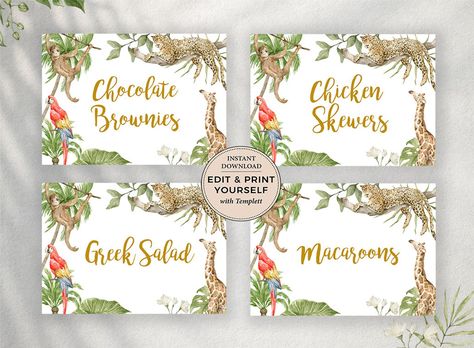 Safari Food Labels Editable Food Labels Labels Editable | Etsy Australia Safari Food Labels, First Birthday Safari, Safari Food, Safari First Birthday, Chocolate Chicken, Paper Bear, Baby Shower Safari, Baby Shower Templates, Editable Labels