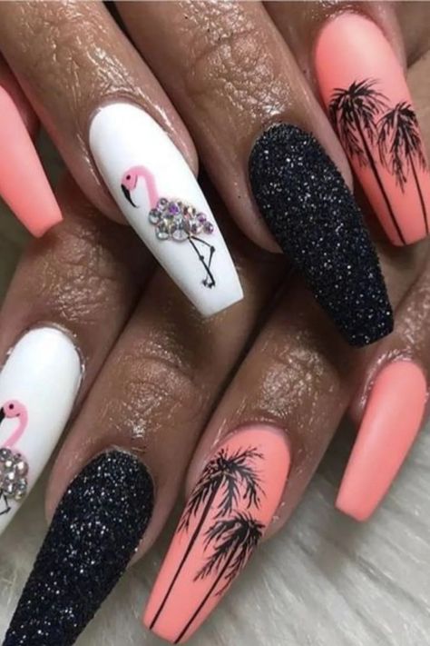 Flamingo Nails, Palm Tree Nails, Glitter Manicure, Nagellack Trends, Red Acrylic Nails, Tree Nails, Trendy Nail Art, Summer Nails Colors, Luxury Nails