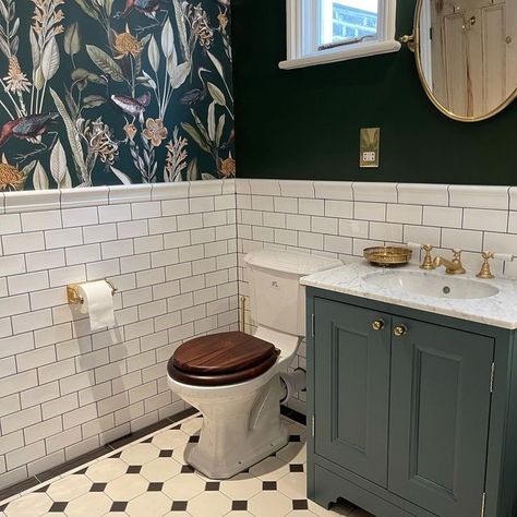 Chantel Elshout Studio on Instagram: "Ta Dah! It’s finished 😁 . Usually I would wait to have proper profesh pics taken but too excited to wait, so excuse the slightly wonky angles 😂 . It has been a joy to work with my dream clients redesigning their two bathrooms after finishing their kitchen during first lockdown last year. . We have stayed true to this Victorian terrace with a black and white tiled floor, white metro tiles and lashings of gorgeous @farrowandball Duck Green. . #victorianhouse Victorian Bathroom Tiles, Metro Tiles Bathroom, White Metro Tiles, Black And White Bathroom Floor, Bathroom Tile Design Ideas, Small Downstairs Toilet, Tile Design Ideas, Counter Top Basin, Small Bathroom Diy