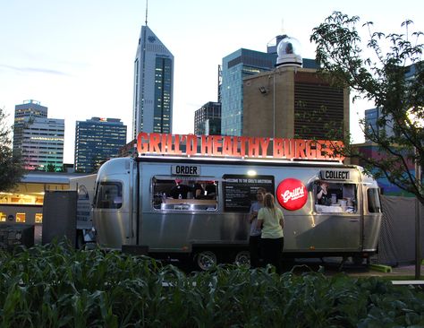 Grilld Burgers Airstream food truck at Bar Pop , Urban Orchard, Perth Western Australia Airstream Food Truck, Urban Orchard, Airstream Bar, Food Truck Interior, Air Stream, Food Van, Pop Up Bar, Vintage Caravans, Tuk Tuk