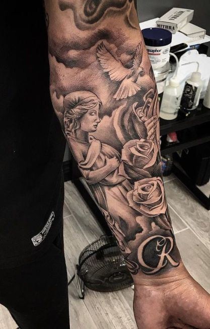 30+ Eye-Catching Half Sleeve Tattoos Ideas For Guys Religious Tattoo Sleeves, Cloud Tattoos, Men Back, Cool Half Sleeve Tattoos, Tattoo Placements, Heaven Tattoos, Forearm Sleeve, Men Tattoos Arm Sleeve, Men Tattoo