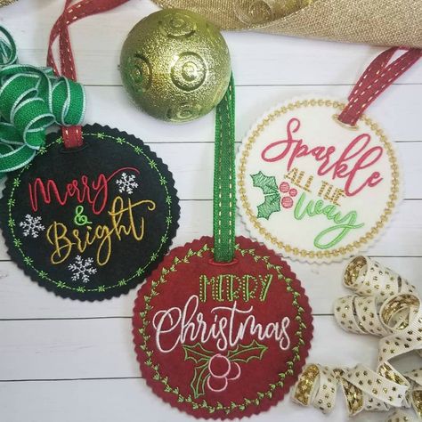 Learn how to make these cute Christmas ornaments in the hoop of your embroidery machine In The Hoop Christmas Ornaments, Machine Embroidery Christmas Gifts, Christmas Tag Ornaments, Machine Embroidery Christmas Ornaments, Embroidery Christmas Gifts, Tag Ornaments, Embroidery Christmas Ornaments, Machine Embroidery Gifts, Embroidering Machine