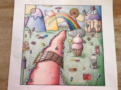 candyland drawing Candyland Drawing, Candy Land Drawing, Candyland Art, Candy Sketch, Fairytale Drawings, Candy Kingdom, Sweets Art, Town Drawing, Educational Toddler Activities