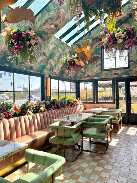 Pastel Restaurant, Brasserie Design, Vibrant Restaurant Interior Design, Pastel Restaurant Interior, Botanical Restaurant Interior, Tropicale Restaurant Palm Springs, Teal Accent Walls, Pastel Danish, Pink Velvet Chair