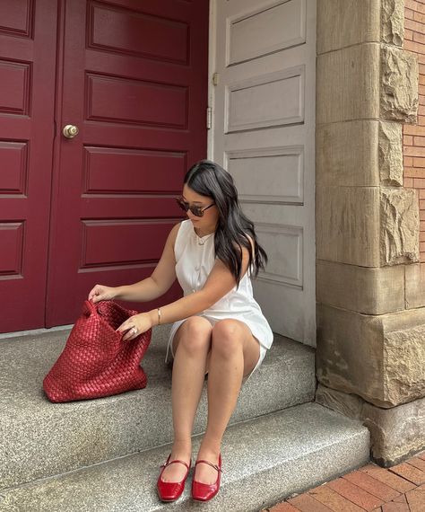 I’ll never say no to a matching set ♥️ . . . . . . . matching set. white outfit. pops of red. ballet flats. red shoes. red bag. anthropologie bag. vest top. minimal style. just girly things. fashion inspo. summer outfits. summer outfit ideas. fall fashion. fall outfits. pinterest outfits. pinterest aesthetic. poses. pose ideas. ootd. #commense #matchingset #summerfashion Red Flats Outfit, Anthropologie Bag, Fall Outfits Pinterest, Fashion Inspo Summer, Never Say No, Red Ballet Flats, Aesthetic Poses, Outfit Ideas Fall, Glamorous Fashion