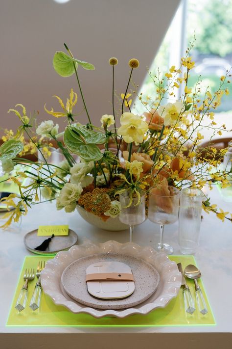 Neon and Neutral Neon And Neutral, Aliens Are Real, Green Tablescape, Yellow Wedding Flowers, Acrylic Signage, Welcome Party, Wedding Table Flowers, Event Floral Design, Wedding Linens