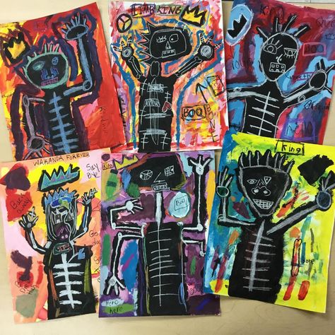 School Art Fair Ideas, Basquiat Elementary Art, Basquiat Art Lesson Middle School, Basquiat Kids Projects, Basquiat Art Project For Kids, Basquiat Art Lesson, Basquiat Inspired, Third Grade Art, Elementary Art Rooms