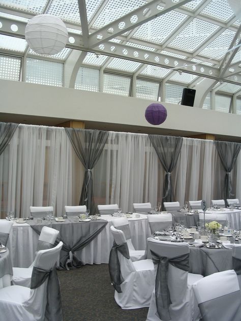 Gray Quinceanera Theme, Grey And White Wedding Decor, Grey Wedding Decor, Light Gray Wedding, Grey Wedding Theme, Grey Weddings, Exposed Ceiling, Head Table Decor, Head Table Wedding