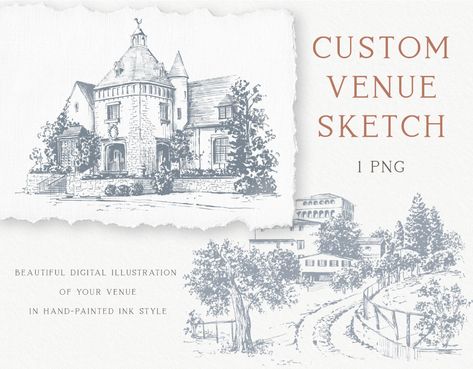 Wedding Venue Drawing, Venue Sketch Wedding Invitation, Church Sketch, Painting Invitation, Wedding Venue Illustration, Venue Sketch, Venue Illustration, Beautiful Sketches, House Portraits