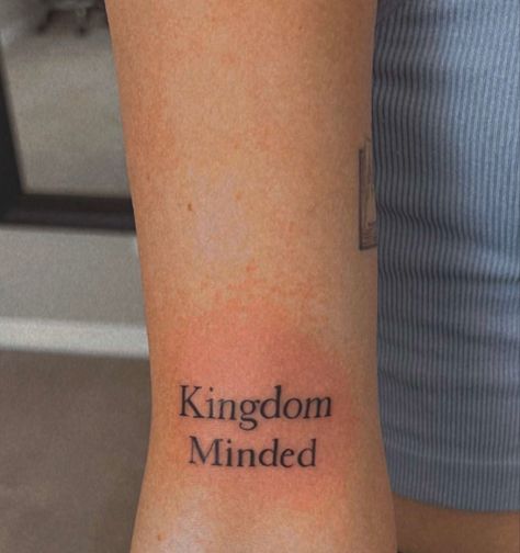 Kingdom Minded Tattoo, Tattoo Ideas Female Biblical, Christian Tattoos Aesthetic, Christian Word Tattoos, Small Bicep Tattoos For Women, Tiny Christian Tattoos For Women, Christian Girl Tattoos, Wwjd Tattoo, Godly Tattoos For Women