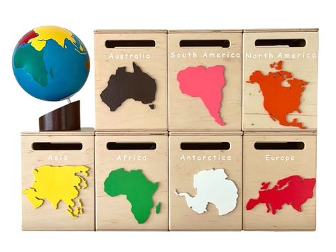 Montessori Shelf Ideas, Continent Boxes, Montessori Geography, Montessori Color, World Puzzle, Geography For Kids, Montessori Elementary, Homeschool Geography, Montessori Preschool