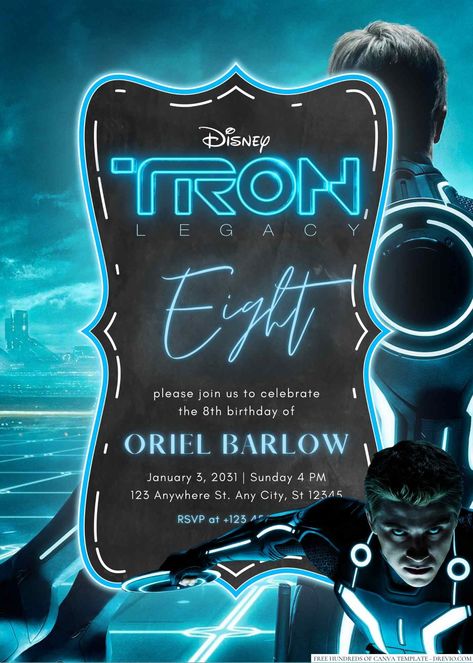 Nice 22+ Tron Legacy Canva Birthday Invitation Templates Step into the electrifying world of Tron Legacy and prepare for a birthday party that defies reality! If your little one is a fan of the futuristic light cycles, epic battles, and the iconic Tron univ... Futuristic Party, Tron Legacy, World Icon, Light Cycle, Free Printable Birthday Invitations, Light Backdrop, Create Invitations, Printable Birthday Invitations, Party Venues