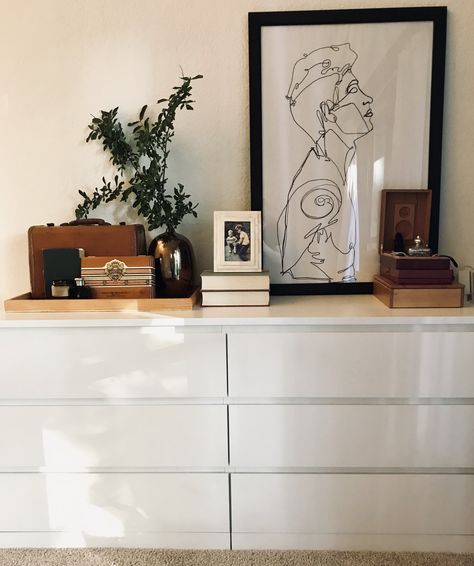 MALM IKEA Dresser Styling Modern, Natural, Ralph Lauren Ikea Malm Dresser Wood, Style Malm Dresser, Ikea Malm Aesthetic, Malm Dresser Styling, Ikea Dresser Styling, Wide Dresser Decor, Malm Drawers Styling, Drawer Chest Decor Ideas, Shelf Over Dresser