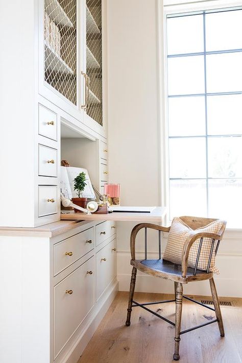 Add a rustic vintage wood chair a white built-in drop down desk for a well-balanced office space. Melanie Turner Interiors, Drop Down Desk, Fold Out Desk, Fold Down Desk, Built In Cabinets, Built In Desk, Kitchen Cabinetry, Office Inspiration, To Study