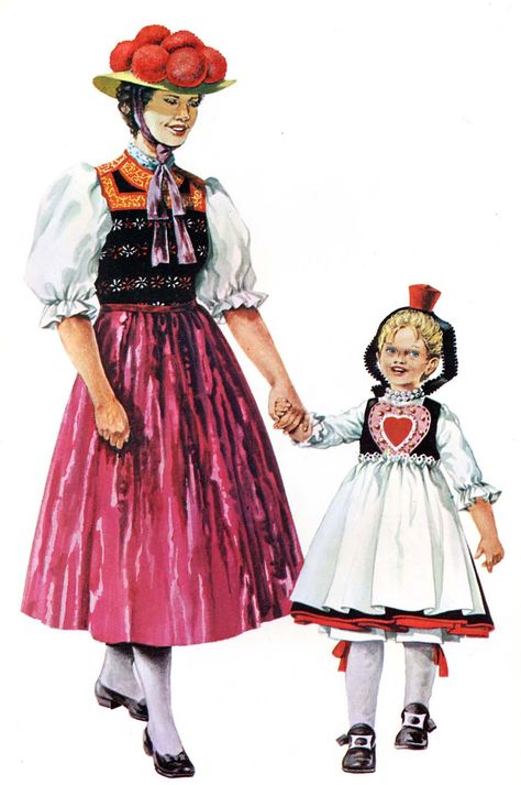 The woman wears a costume from the Black Forest, while the child comes from Hesse. German Dresses, German Traditional Clothing, Traditional German Clothing, German Hats, Germany Outfits, German Costume, German Outfit, German Dress, German Folk