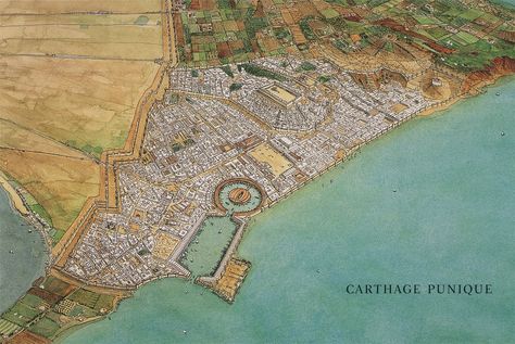 Punic Carthage. Reconstruction. Carthage Ancient Carthage, Punic Wars, Pictorial Maps, Fantasy Castle, Carthage, Ancient Cultures, City Maps, Historical Architecture, Vintage Maps