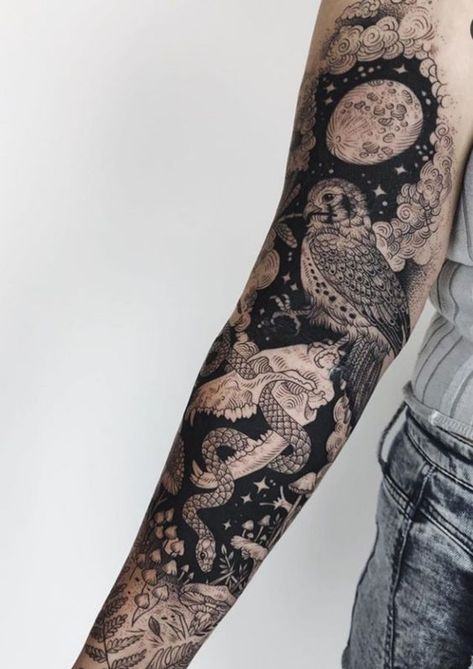 Owl Tattoo Sleeve, Dark Feminine Tattoos, Money Tattoo, Full Sleeve Tattoo, Aesthetic Tattoo, Black Ink Tattoos, Half Sleeve Tattoo, Feminine Tattoos, Dope Tattoos