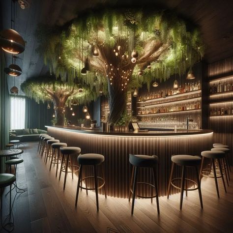 Forest Bar, Futuristic Bar, Tree Restaurant, Modern Restaurant Design, Magical Decor, Rustic Restaurant, Christmas Forest, Architecture Concept Drawings, Fantasy Homes