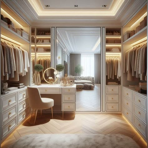 11 Walk-In Closet Design Ideas With Vanity For Your Master Suite - My Besuited Home Vanity Walk In Closet Ideas, Build In Vanity In Closet, Home Vanity Room, Walk In Design, Walk In Closet And Vanity, Walk In Closet With Sitting Area, Walk In Closet Ideas Mirror, Room Ideas With Closet, Walk In Closet With Vanity Mirror