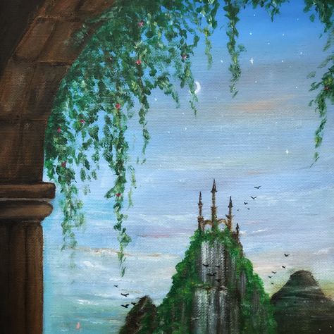 Painting Ideas Fantasy World, Fairytale Painting Acrylic, Fantasy Castle Drawing Easy, Fairytale Painting Easy, Castles Paintings, Fantasy Painting Easy, Watercolour Cookies, Draw Castle, Castle Drawing Easy